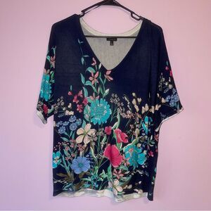 Talbots L Knit Top Navy Blue Floral Short Sleeve